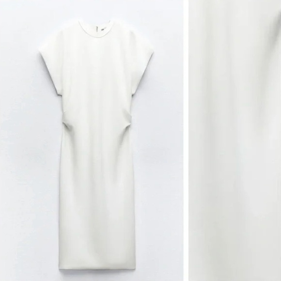 Zara Scuba Effect Round Neck Ruched Waist White Midi Dress Size M NWT - Picture 5 of 13